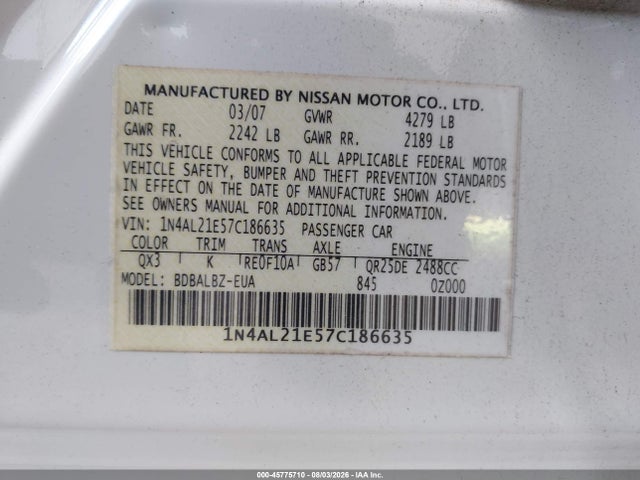Продаж на аукціоні авто 2007 Nissan Altima 2.5 S, vin: 1N4AL21E57C186635, номер лоту: 45775710
