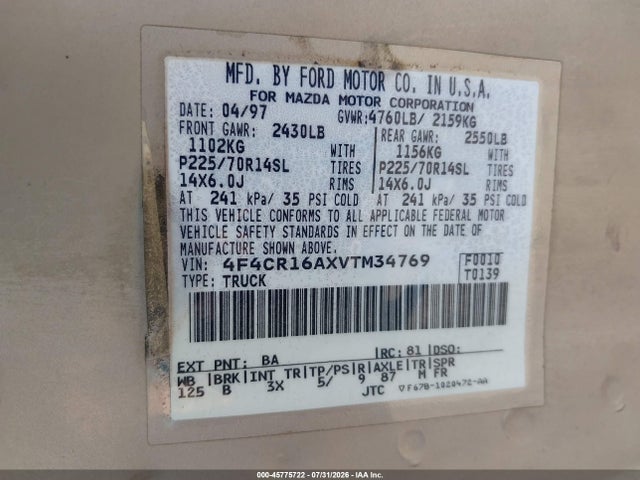 1997 Mazda B2300 Se მანქანა იყიდება აუქციონზე, vin: 4F4CR16AXVTM34769, აუქციონის ნომერი: 45775722