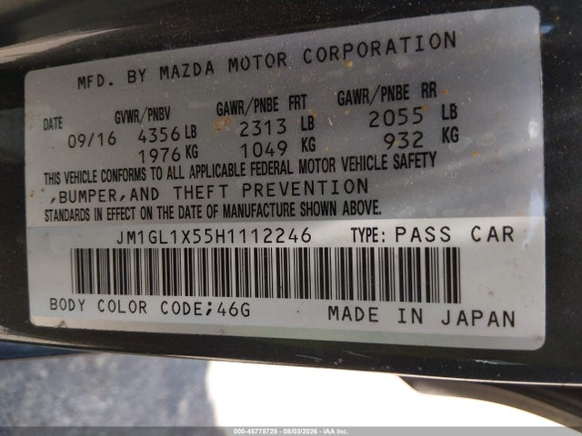 45775728 :رقم المزاد ، JM1GL1X55H1112246 vin ، 2017 Mazda Mazda6 Grand Touring مزاد بيع