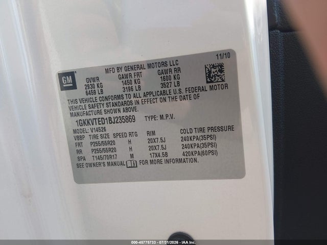 Продажа на аукционе авто 2011 Gmc Acadia Denali, vin: 1GKKVTED1BJ235869, номер лота: 45775733