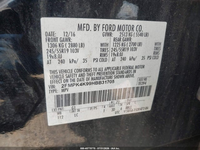 Продажа на аукционе авто 2017 Ford Edge Titanium, vin: 2FMPK4K99HBB31705, номер лота: 45775770