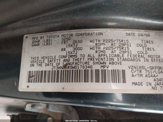 Продаж на аукціоні авто 1998 Toyota 4runner Sr5 V6, vin: JT3HN86R5W0178346, номер лоту: 45775794