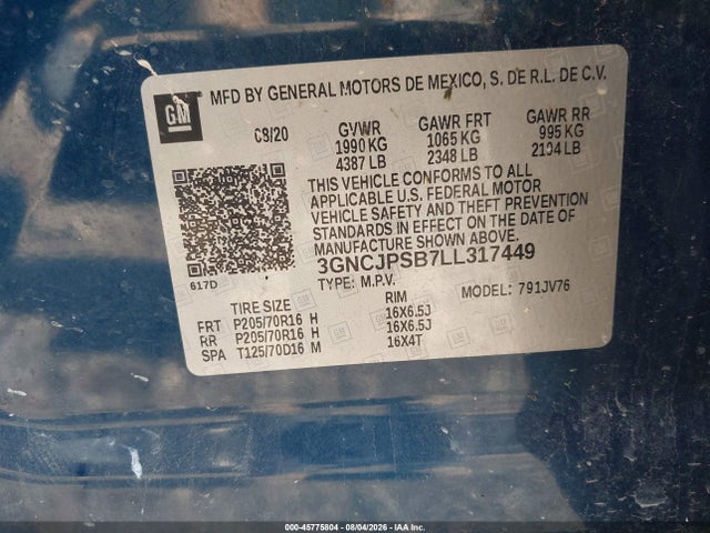 Aukcja sprzedaży 2020 Chevrolet Trax Awd Lt, vin: 3GNCJPSB7LL317449, numer aukcji: 45775804