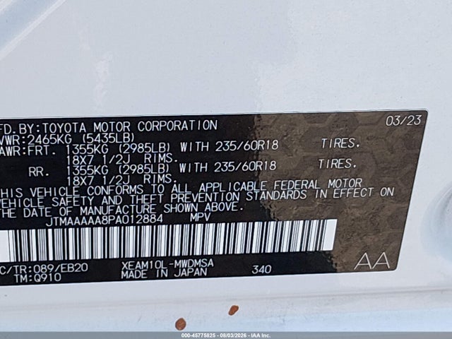 45775825 :رقم المزاد ، JTMAAAAA8PA012884 vin ، 2023 Toyota Bz4x Xle مزاد بيع