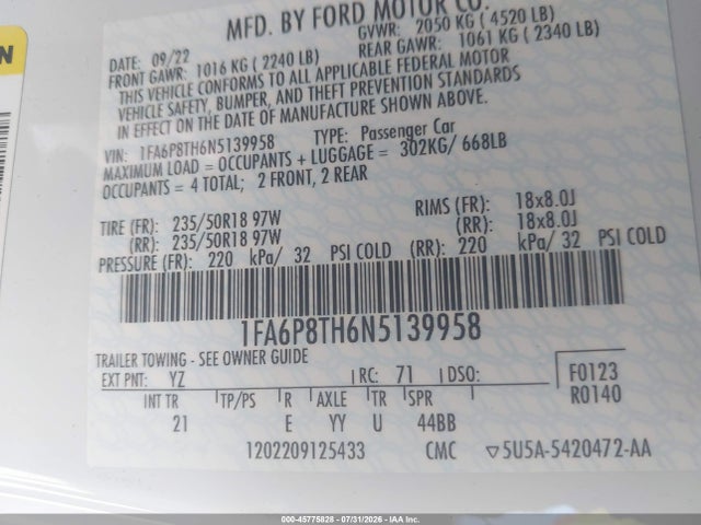 Продаж на аукціоні авто 2022 Ford Mustang Ecoboost Fastback, vin: 1FA6P8TH6N5139958, номер лоту: 45775828