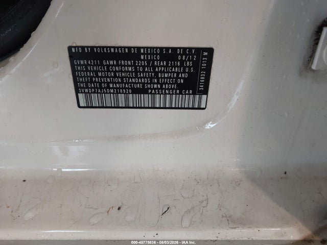 45775836 :رقم المزاد ، 3VWDP7AJ5DM218920 vin ، 2013 Volkswagen Jetta 2.5l Se مزاد بيع