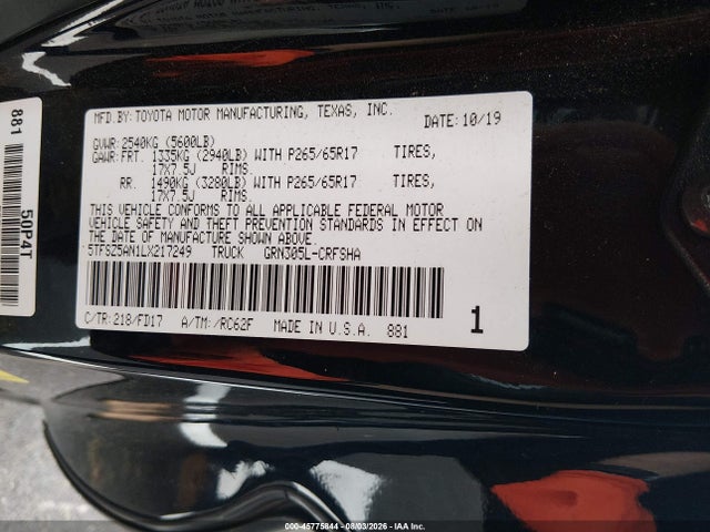 2020 Toyota Tacoma Trd Sport მანქანა იყიდება აუქციონზე, vin: 5TFSZ5AN1LX217249, აუქციონის ნომერი: 45775844