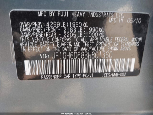 45775846 :رقم المزاد ، JF1GH6D68BH801360 vin ، 2011 Subaru Impreza Outback Sport مزاد بيع