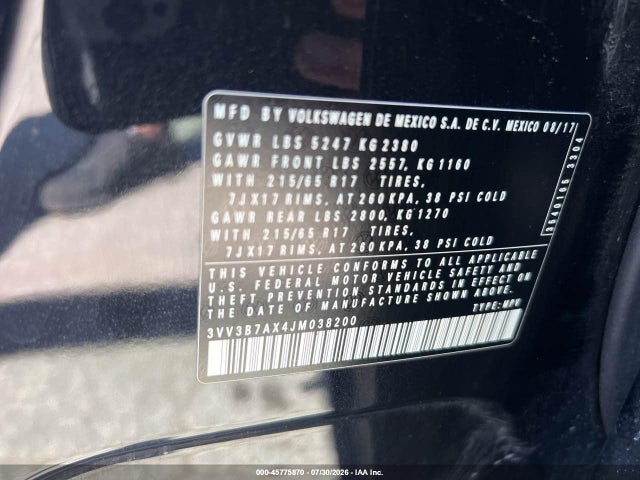 Aukcja sprzedaży 2018 Volkswagen Tiguan 2.0t Se/2.0t Sel, vin: 3VV3B7AX4JM038200, numer aukcji: 45775870