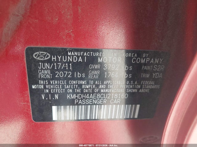 45775871 :رقم المزاد ، KMHDH4AE8CU218160 vin ، 2012 Hyundai Elantra Gls (ulsan Plant) مزاد بيع