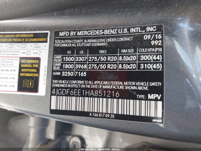 4JGDF6EE1HA851216 Mercedes-Benz Gls 450 4matic