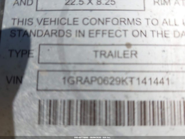 Продажа на аукционе авто 2019 Great Dane Trailers Unknown, vin: 1GRAP0629KT141441, номер лота: 45775880