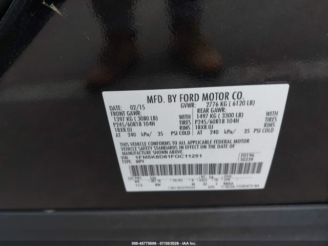 Aukcja sprzedaży 2015 Ford Explorer Xlt, vin: 1FM5K8D81FGC11251, numer aukcji: 45775886