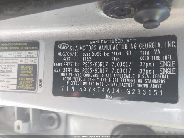 Aukcja sprzedaży 2012 Kia Sorento Lx, vin: 5XYKT4A14CG233151, numer aukcji: 45775894