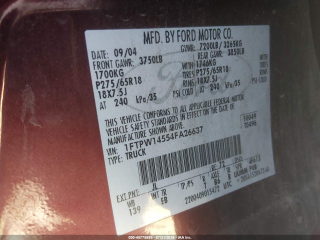 Продажа на аукционе авто 2004 Ford F-150 Fx4/lariat/xlt, vin: 1FTPW14554FA26637, номер лота: 45775895