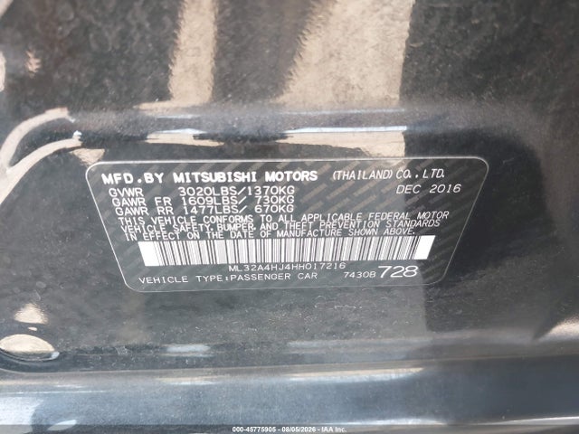 45775905 :رقم المزاد ، ML32A4HJ4HH017216 vin ، 2017 Mitsubishi Mirage Se مزاد بيع