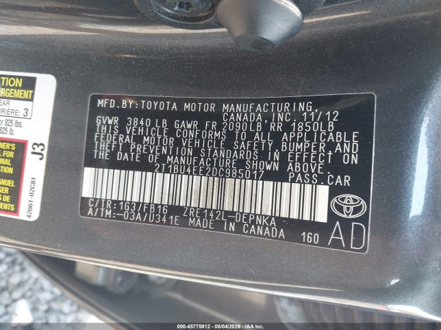 45775912 :رقم المزاد ، 2T1BU4EE2DC985017 vin ، 2013 Toyota Corolla Le مزاد بيع
