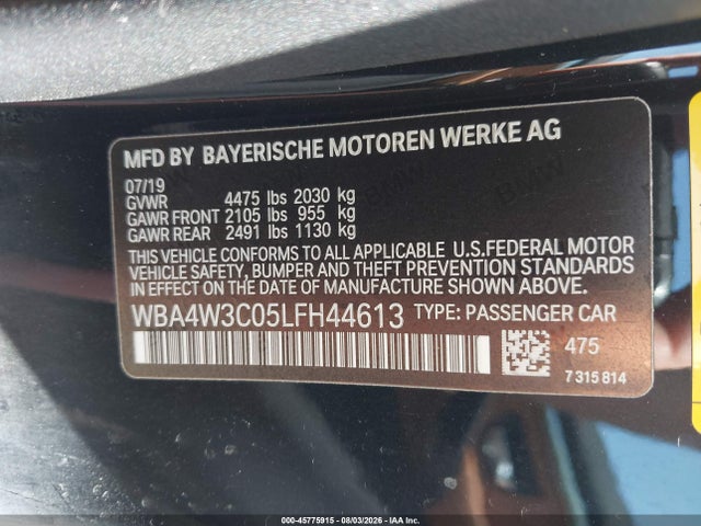 45775915 :رقم المزاد ، WBA4W3C05LFH44613 vin ، 2020 Bmw 430i مزاد بيع