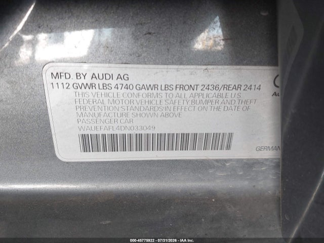 2013 Audi A4 2.0t Premium მანქანა იყიდება აუქციონზე, vin: WAUEFAFL4DN033049, აუქციონის ნომერი: 45775922