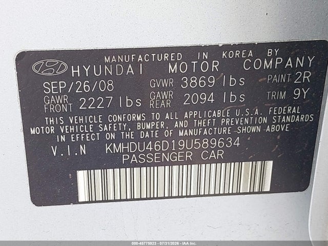 Aukcja sprzedaży 2009 Hyundai Elantra Gls, vin: KMHDU46D19U589634, numer aukcji: 45775923