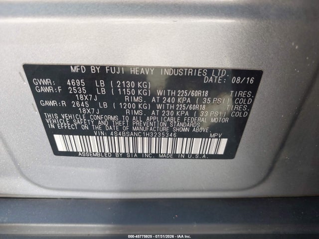 45775925 :رقم المزاد ، 4S4BSANC1H3235346 vin ، 2017 Subaru Outback 2.5i Limited مزاد بيع