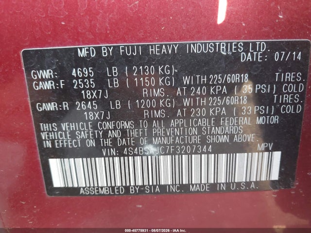 Subaru Outback 2.5i Limited 2015 4S4BSAJC7F3207344 Image 9