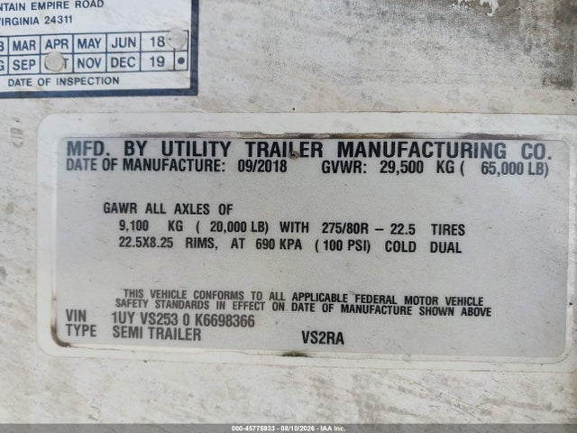 Продажа на аукционе авто 2019 Utility Trailer Mfg Unknown, vin: 1UYVS2530K6698366, номер лота: 45775933