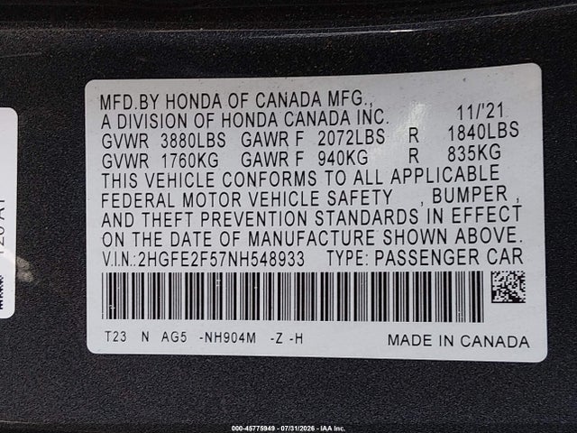 2HGFE2F57NH548933 Honda Civic Sport