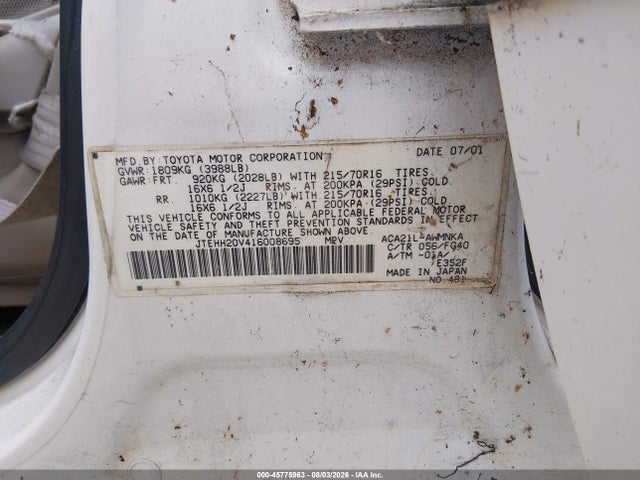 Auction sale of the 2001 Toyota Rav4, vin: JTEHH20V416008695, lot number: 45775963