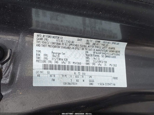 Продаж на аукціоні авто 2012 Ford Focus Sel, vin: 1FAHP3M21CL470350, номер лоту: 45775967