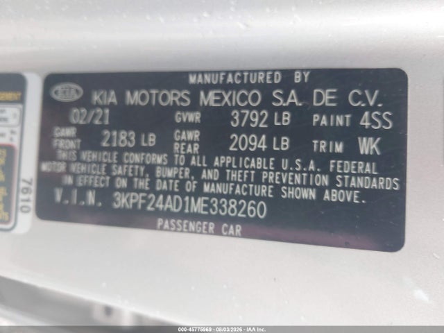 Aukcja sprzedaży 2021 Kia Forte Lxs, vin: 3KPF24AD1ME338260, numer aukcji: 45775969