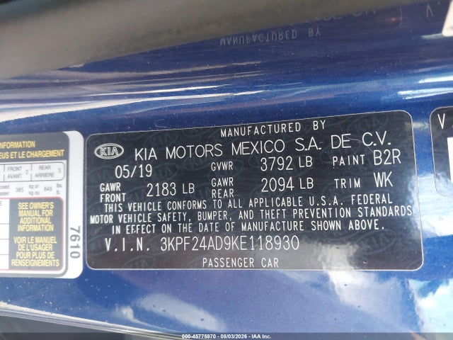 Aukcja sprzedaży 2019 Kia Forte Lxs, vin: 3KPF24AD9KE118930, numer aukcji: 45775970