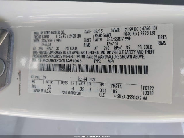 Aukcja sprzedaży 2016 Ford Escape Se, vin: 1FMCU9GX3GUA51063, numer aukcji: 45775972