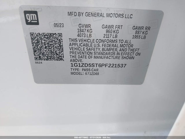 Продаж на аукціоні авто 2023 Chevrolet Malibu Fwd 1lt, vin: 1G1ZD5ST6PF221537, номер лоту: 45775982