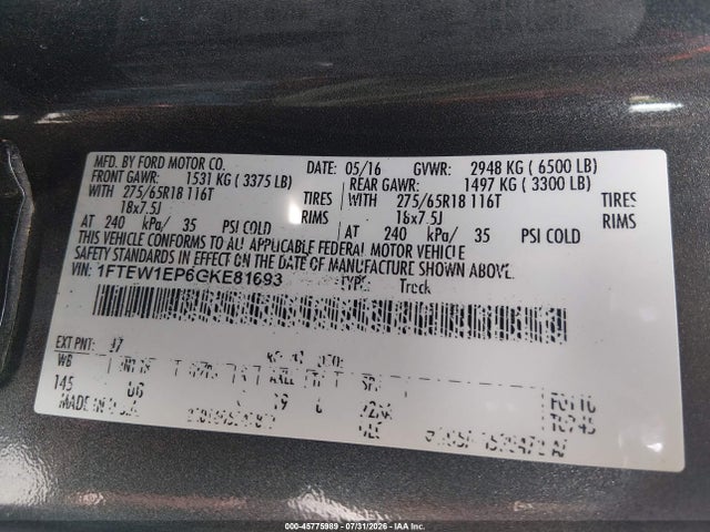 1FTEW1EP6GKE81693 Ford F-150 Xlt
