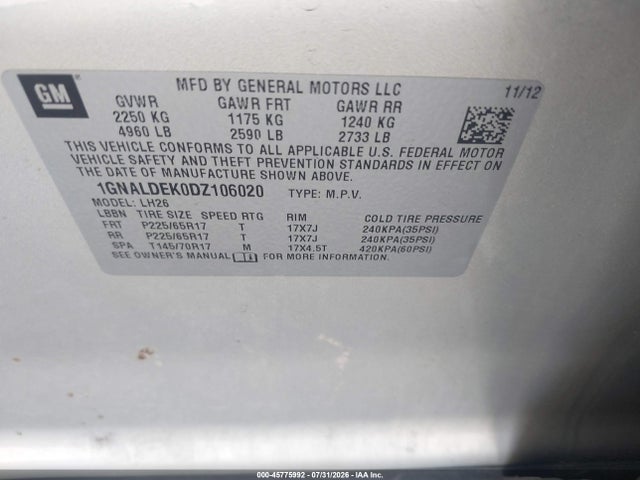 Auction sale of the 2013 Chevrolet Equinox Lt, vin: 1GNALDEK0DZ106020, lot number: 45775992