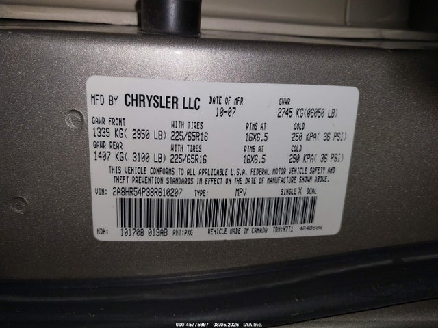 2008 Chrysler Town & Country Touring მანქანა იყიდება აუქციონზე, vin: 2A8HR54P38R610207, აუქციონის ნომერი: 45775997