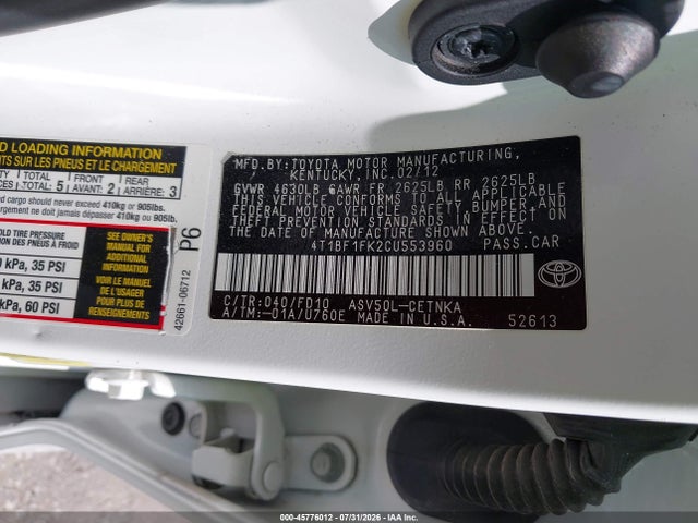 Продажа на аукционе авто 2012 Toyota Camry Le, vin: 4T1BF1FK2CU553960, номер лота: 45776012