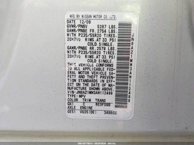 Продажа на аукционе авто 2010 Nissan Murano Le, vin: JN8AZ1MW3AW112499, номер лота: 45776014
