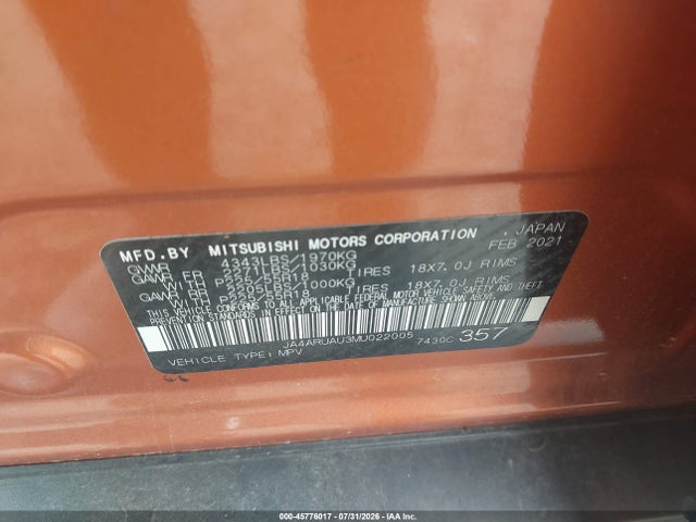 45776017 :رقم المزاد ، JA4ARUAU3MU022005 vin ، 2021 Mitsubishi Outlander Sport 2.0 Es Awc مزاد بيع