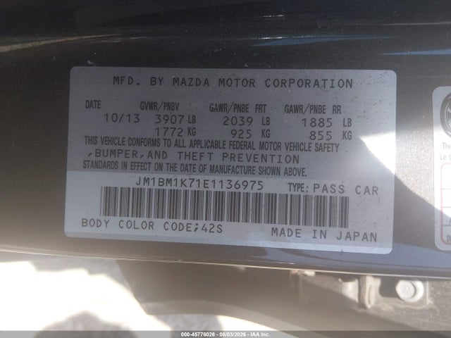 45776026 :رقم المزاد ، JM1BM1K71E1136975 vin ، 2014 Mazda Mazda3 I Sport مزاد بيع