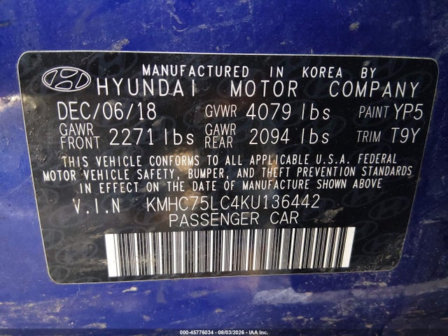 Aukcja sprzedaży 2019 Hyundai Ioniq Hybrid Sel, vin: KMHC75LC4KU136442, numer aukcji: 45776034