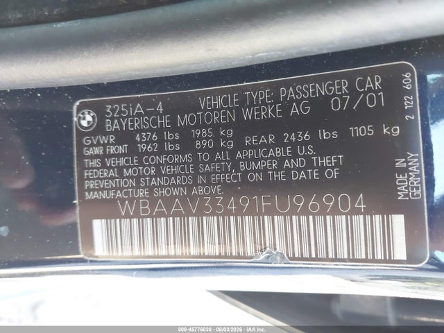 Aukcja sprzedaży 2001 Bmw 325i, vin: WBAAV33491FU96904, numer aukcji: 45776038