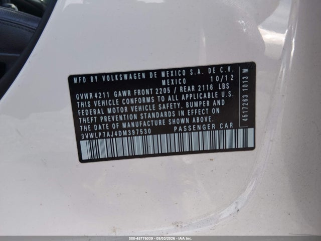 Aukcja sprzedaży 2013 Volkswagen Jetta 2.5l Sel, vin: 3VWLP7AJ4DM397530, numer aukcji: 45776039