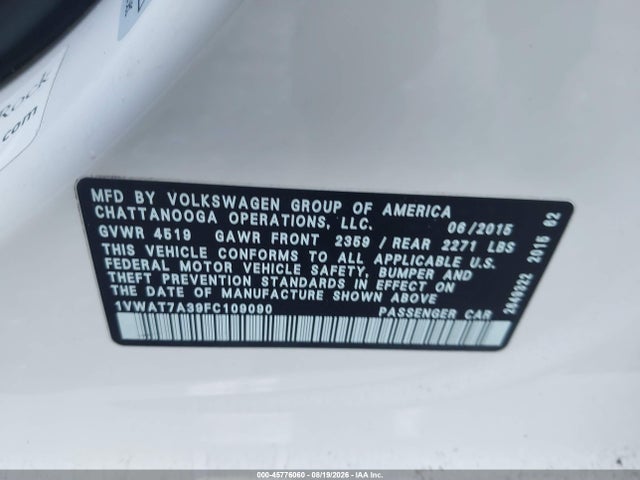 Aukcja sprzedaży 2015 Volkswagen Passat 1.8t Limited Edition, vin: 1VWAT7A39FC109090, numer aukcji: 45776060
