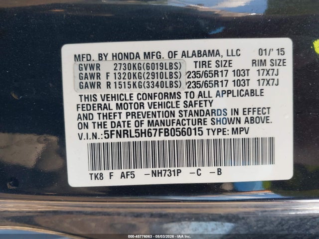 Продаж на аукціоні авто 2015 Honda Odyssey Ex-l, vin: 5FNRL5H67FB056015, номер лоту: 45776063