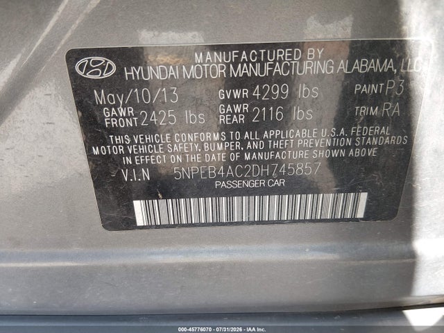 Aukcja sprzedaży 2013 Hyundai Sonata Gls, vin: 5NPEB4AC2DH745857, numer aukcji: 45776070
