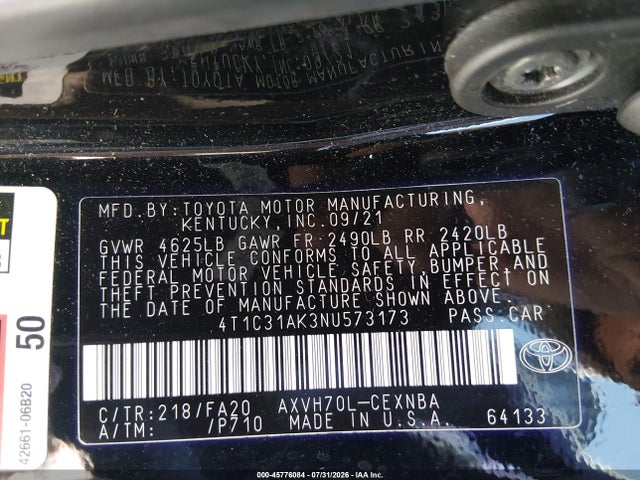Toyota Camry Le Hybrid 2022 4T1C31AK3NU573173 Image 9