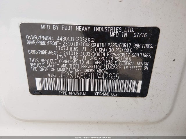 Продажа на аукционе авто 2017 Subaru Forester 2.5i Premium, vin: JF2SJAEC3HH442655, номер лота: 45776088