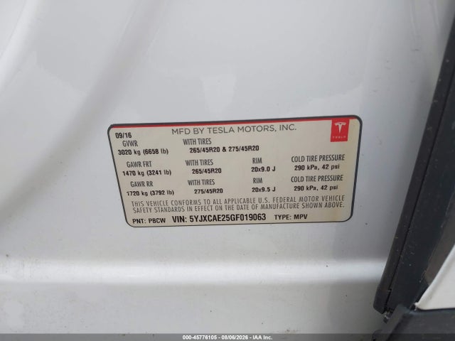 Tesla Model X 60d/70d/75d/90d 2016 5YJXCAE25GF019063 Image 9